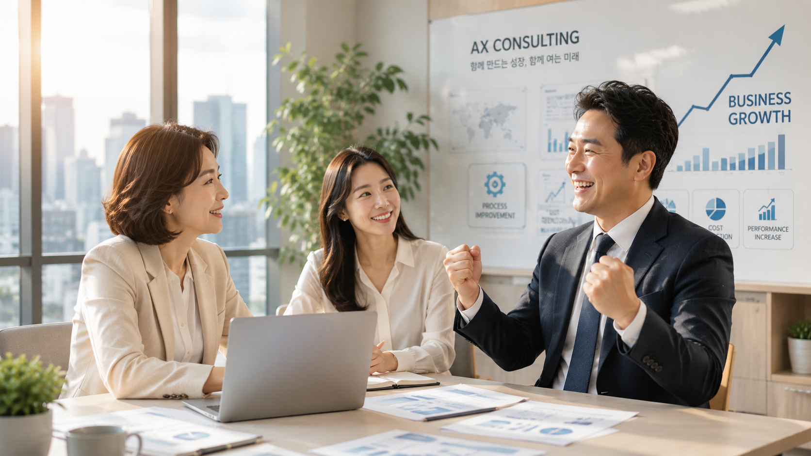 AX 프로와 기업 담당자가 매출·업무 효율 성장 성과를 함께 확인하는 모습