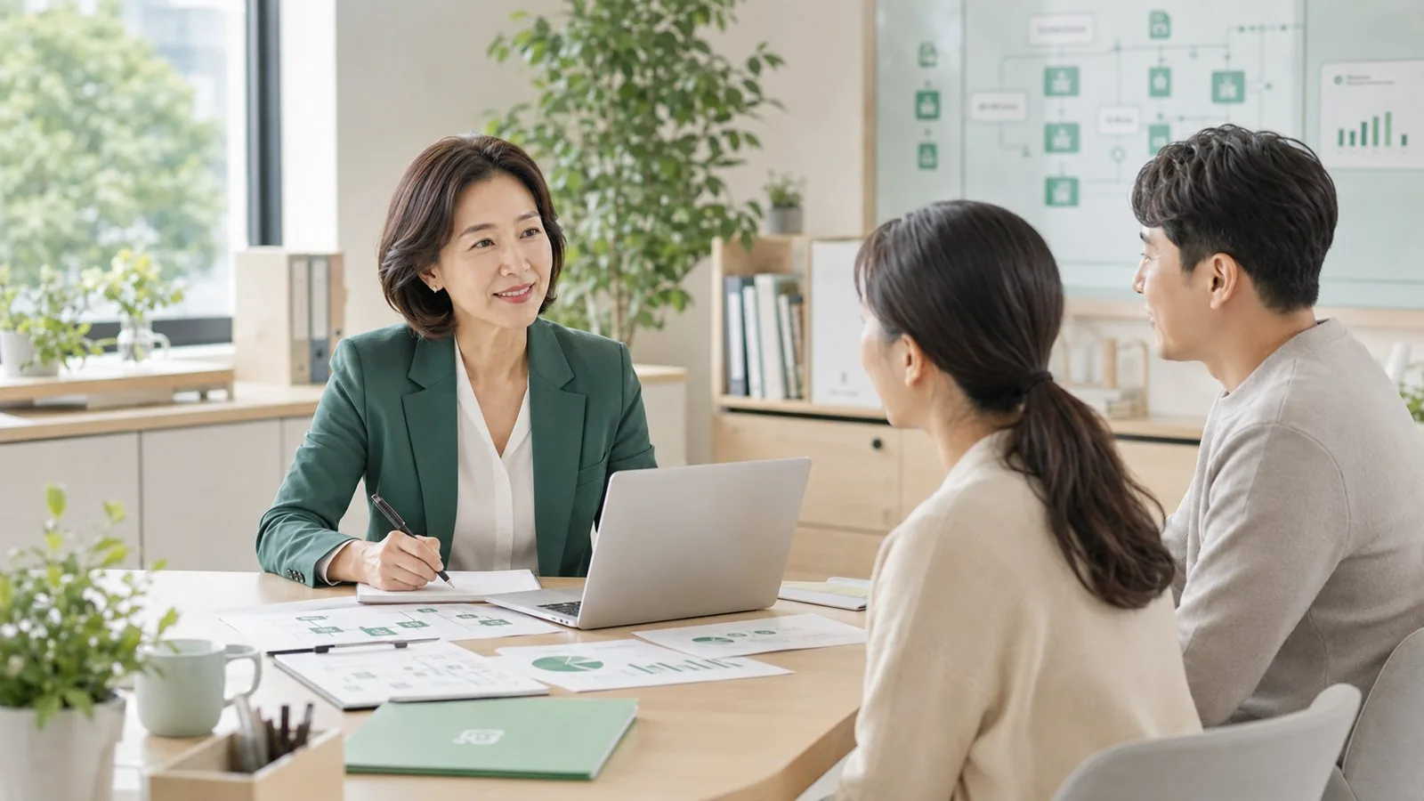 소상공인 부부와 마주 앉아 노트북으로 디지털 마케팅을 상담하는 컨설턴트